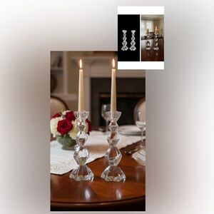 Elegant Vintage Faceted Crystal Candlesticks (2) 6 Point Star Shape Top & Base